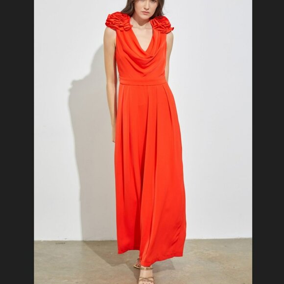 Ruffle V-Neck Jumpsuit with Flowers Sleeve Detailed - Picture 7 of 8